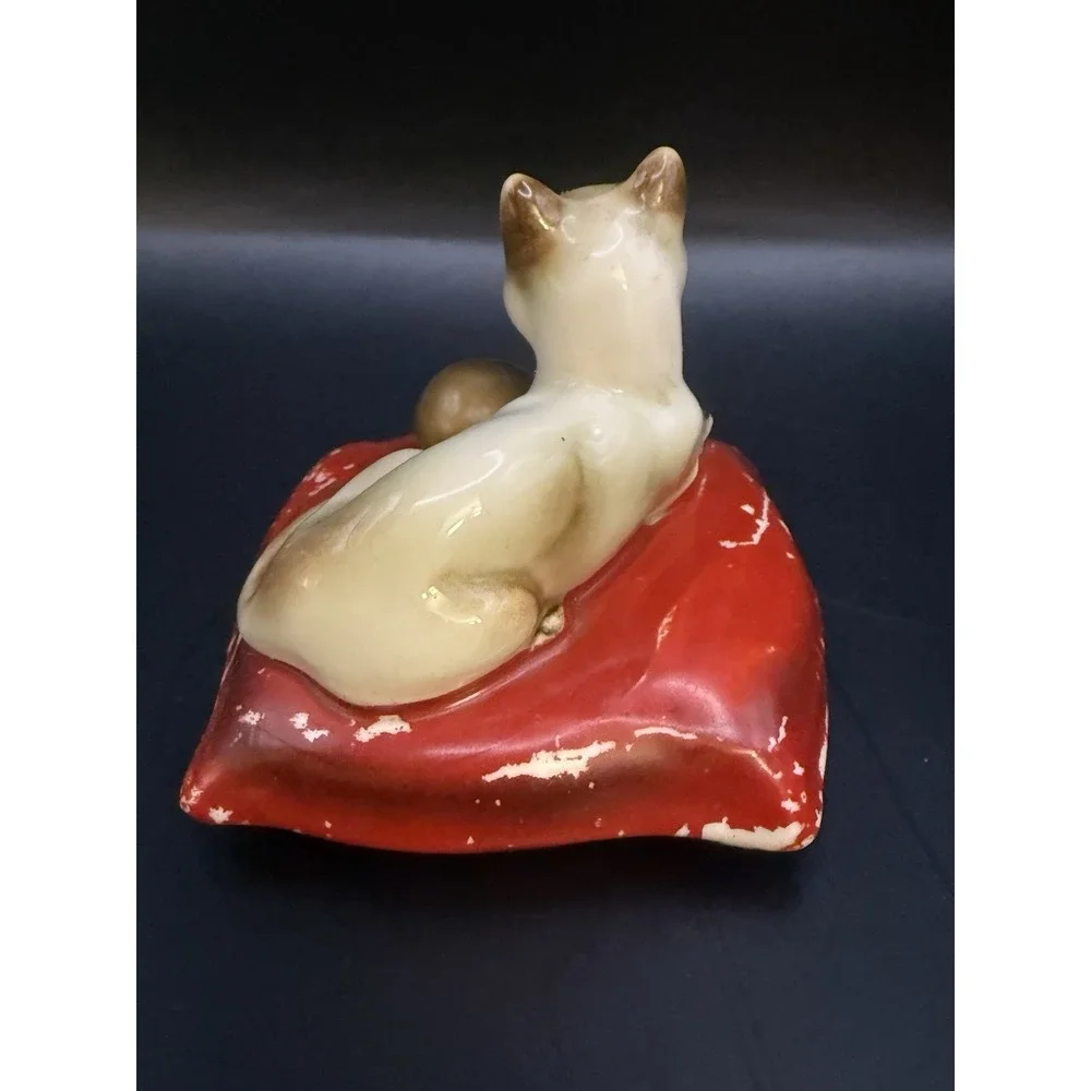 Vintage Japan Ceramic Cat Coin Bank Figurine on Red Pillow Mid Century